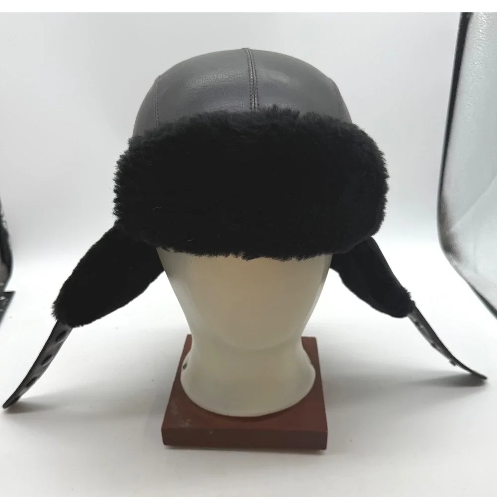 Wolverine Black Leather Trapper Hat Faux Fur Ear Flaps Water Repellent large